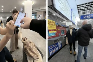 Foreign tourist using contactless Visa or Mastercard at subway turnstile in China, no ticket needed