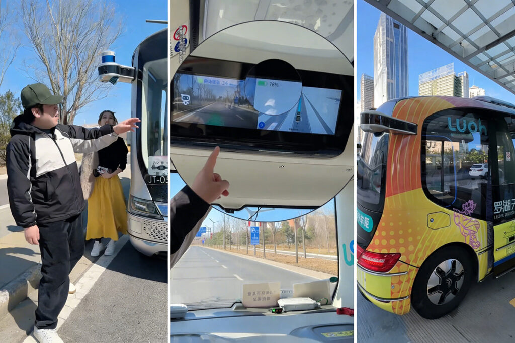 China driverless bus cruising at 36 km/h, smooth ride & safe navigation