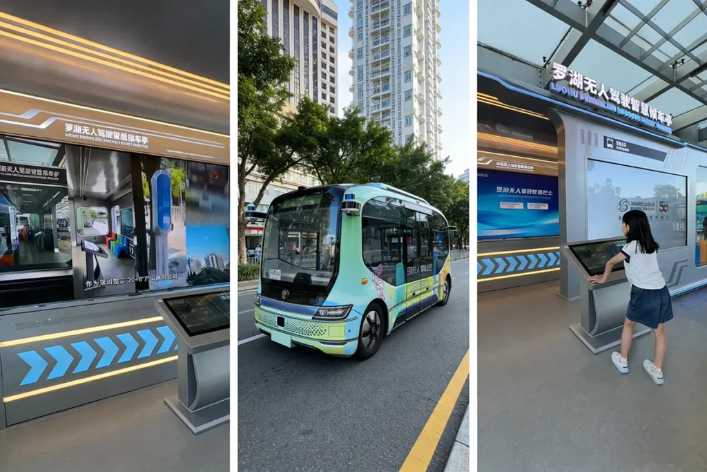 China driverless bus free trial in Beijing, futuristic public transport without steering wheel