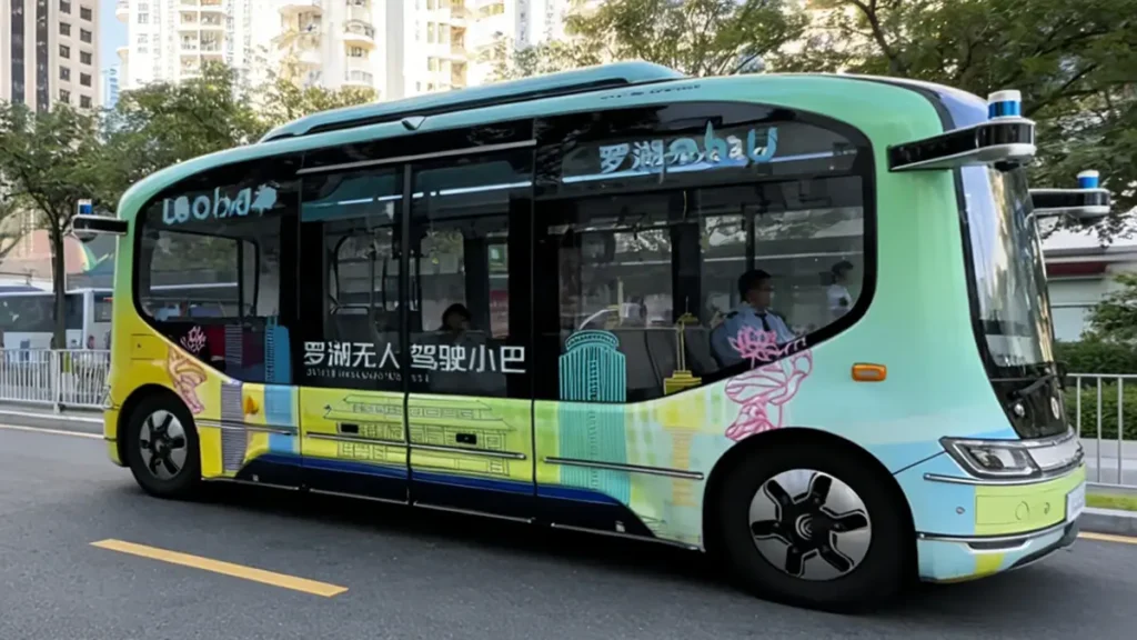 China driverless bus free trial in Beijing, futuristic public transport without steering wheel