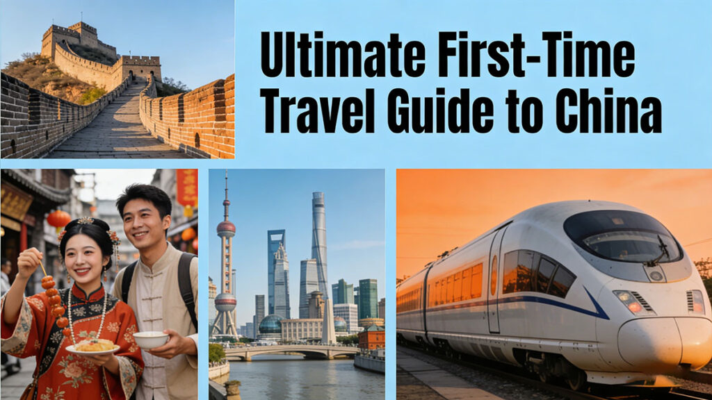 First time travel guide to China showing entry procedures, must-have apps, and top destinations like Beijing and Chengdu for foreign travelers
