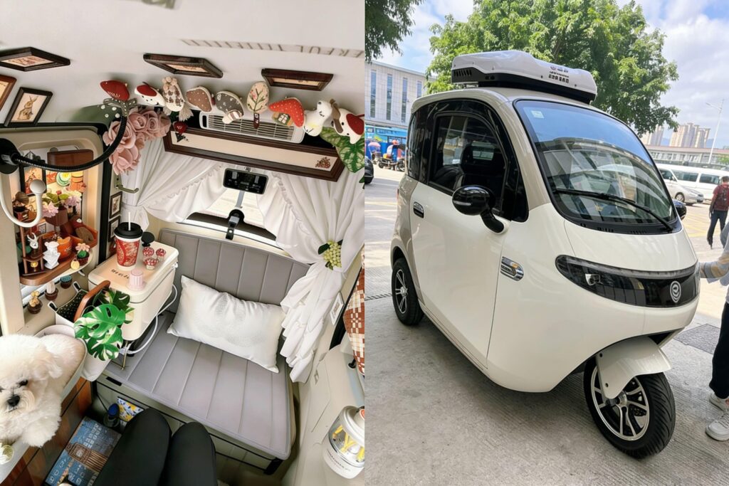 Lao Tou Le electric trike before and after transformation into China Zen Box micro camper, urban nomad quiet luxury
